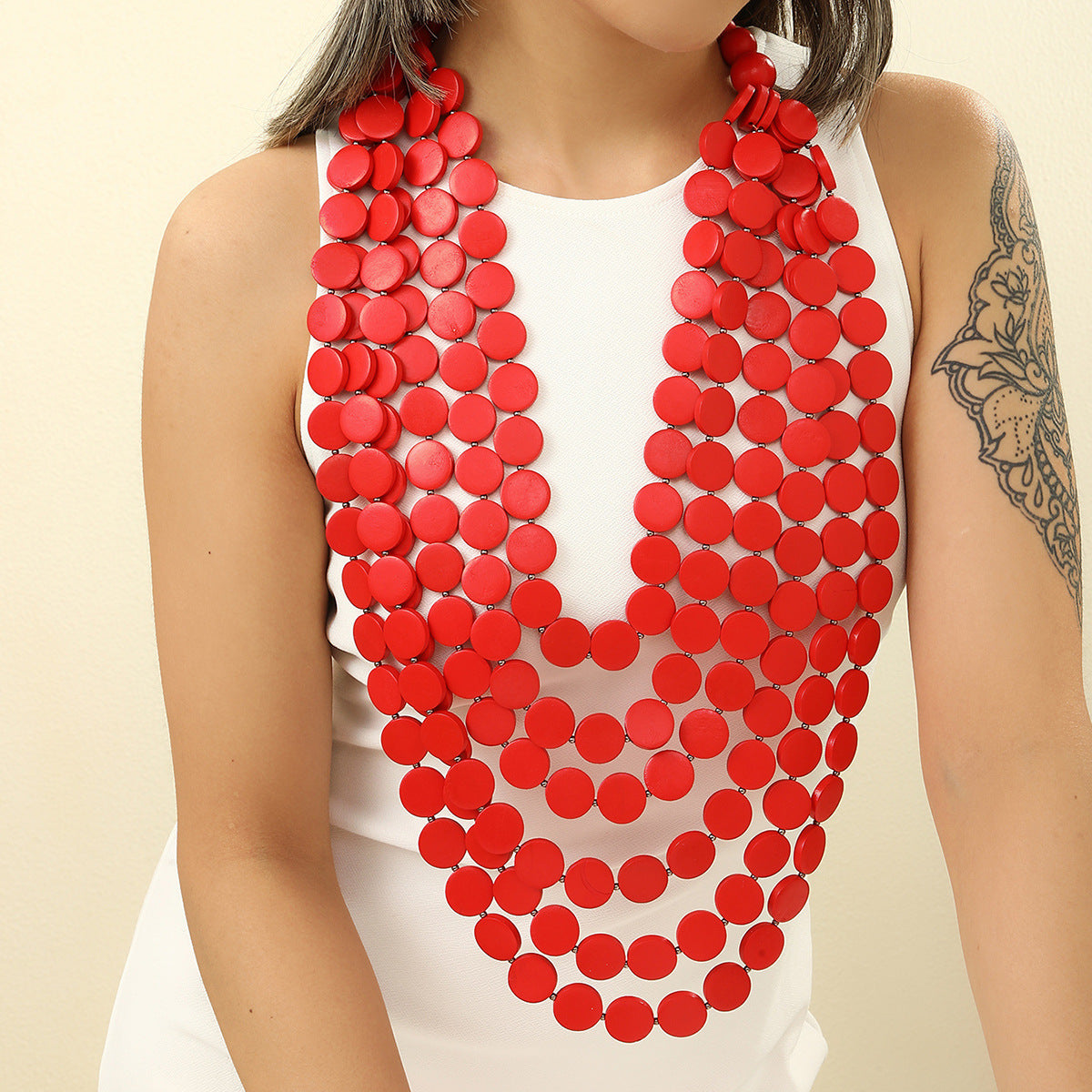 European and American Long Wooden Chip Necklace with Tassel Sweater Chains