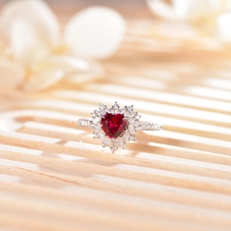 925 Sterling Silver 6x6mm Heart-Shape Lab Grown Ruby Ring Women's Jewelry Wholesale