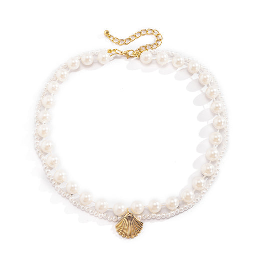 Planderful Vienna Verve Ocean Shell Beaded Layer Necklace for Women Imitation Pearl Geometric Statement Jewelry
