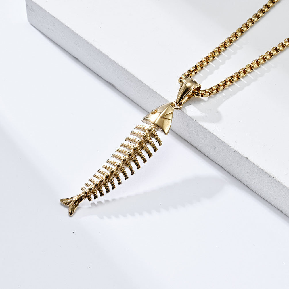 Planderful Fish Bone Necklace Unisex Titanium Steel Pendant Versatile Street Style Hipster Jewelry