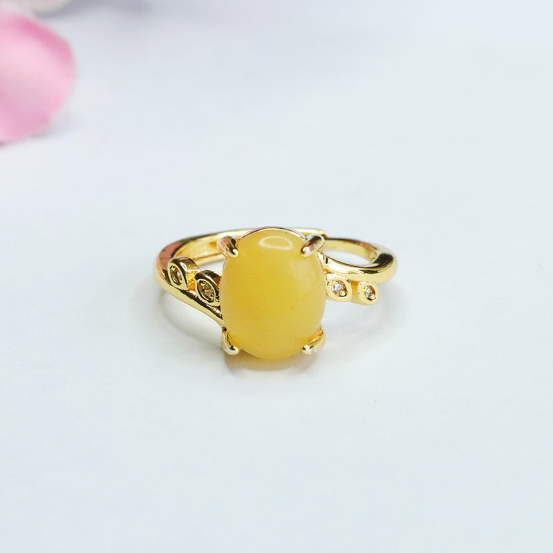 Honey Amber Zircon Leaf Sterling Silver Ring