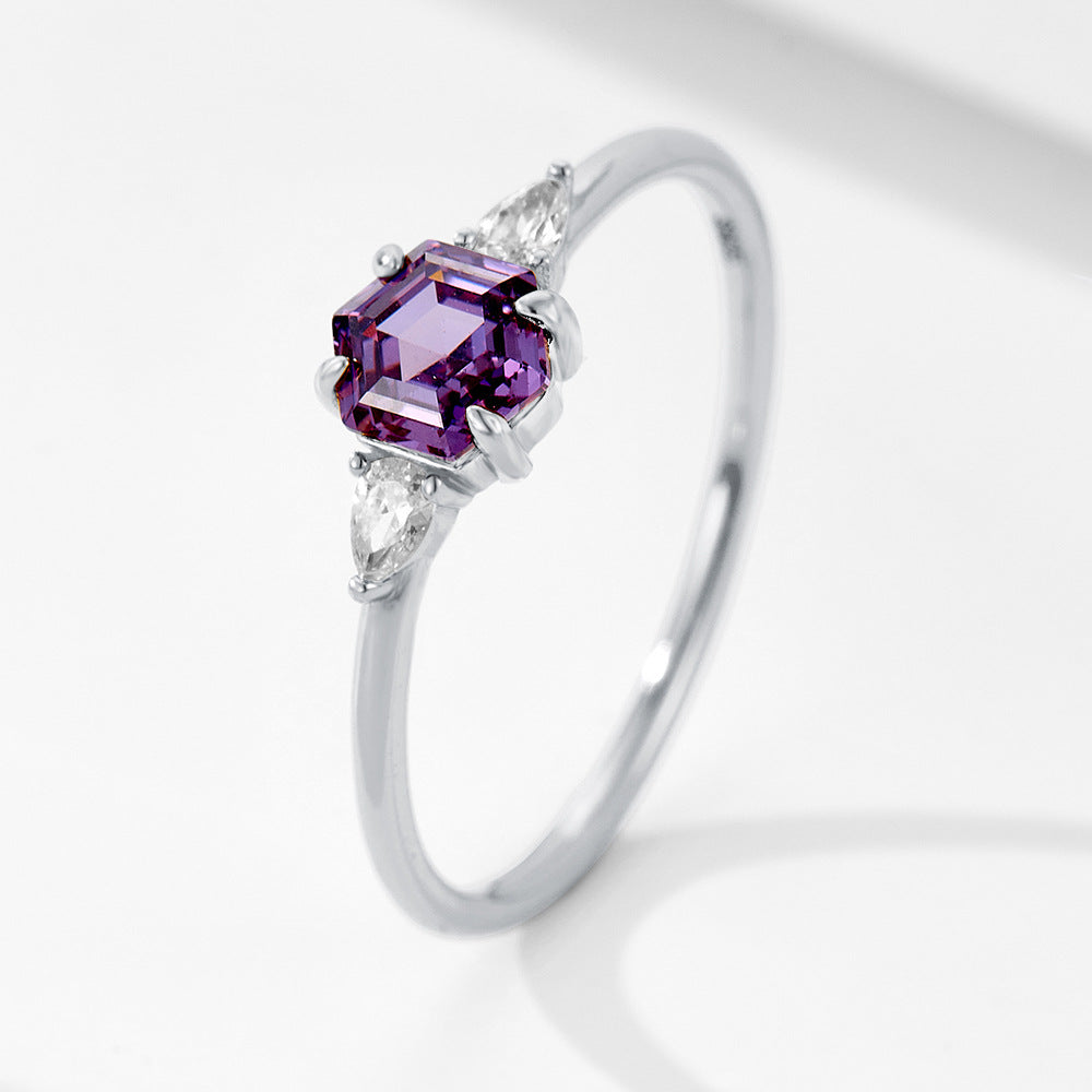Planderful Sterling Silver Purple Zircon Hexagon Ring For Women Elegant Light Luxury Jewelry