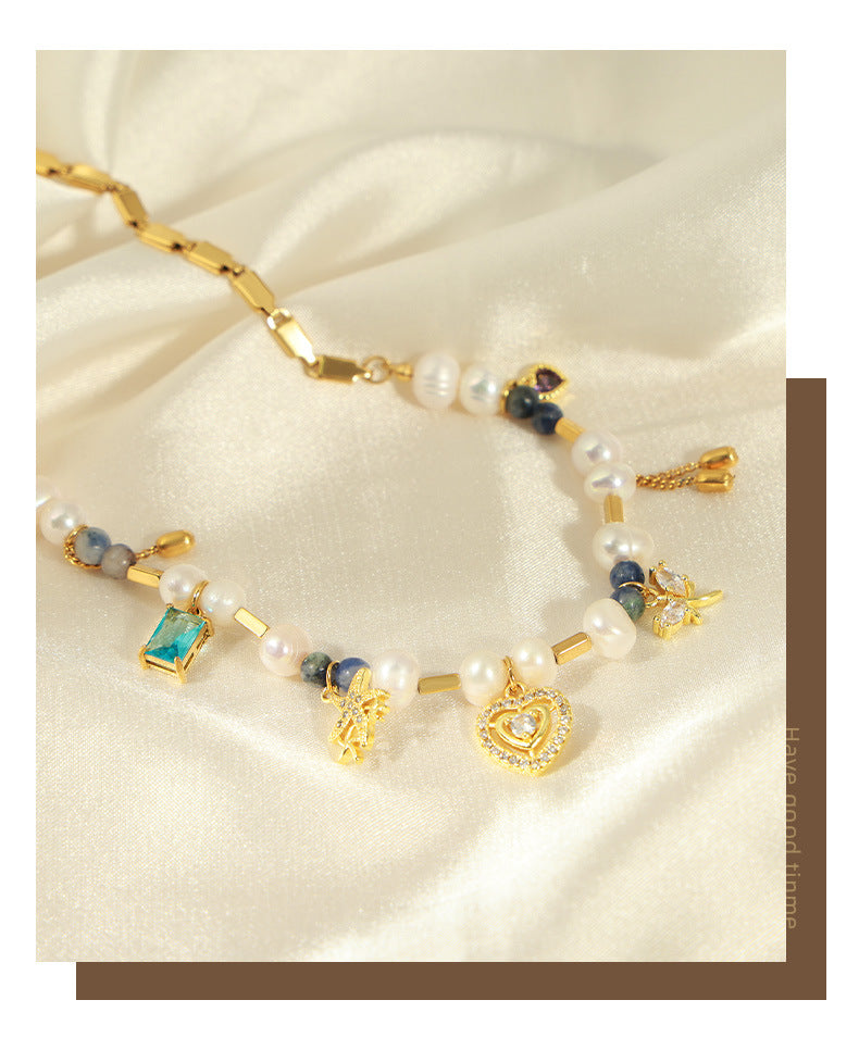 Regal Pearl and Gemstone Handmade Necklace in Palace Style Gold-Plated Titanium Steel