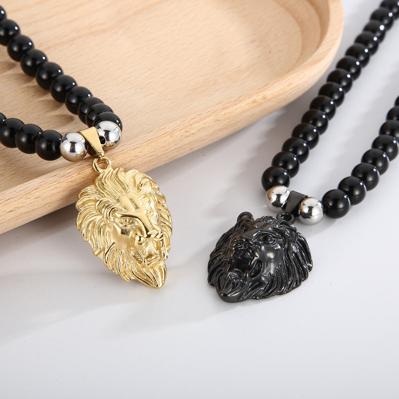 Retro Stainless Steel Men's Necklace with Black Agate Buddha Bead and Vacuum Electroplated Lion Head Pendant