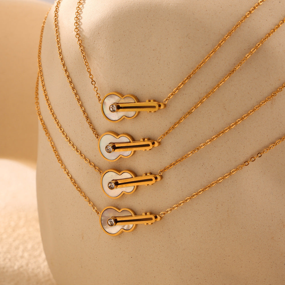 Elegant Violin Necklace with White Shell and Zircon Design on Titanium Steel Chain