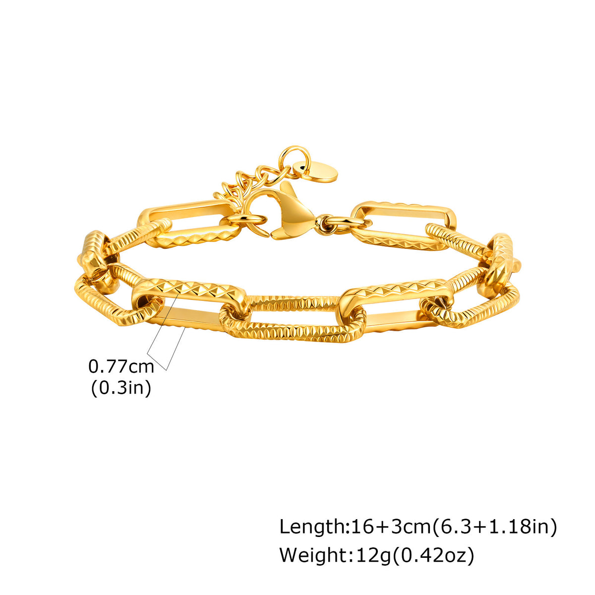 Women's Stainless Steel Embossed Rectangular Handmade Chain Bracelet Necklace Gold