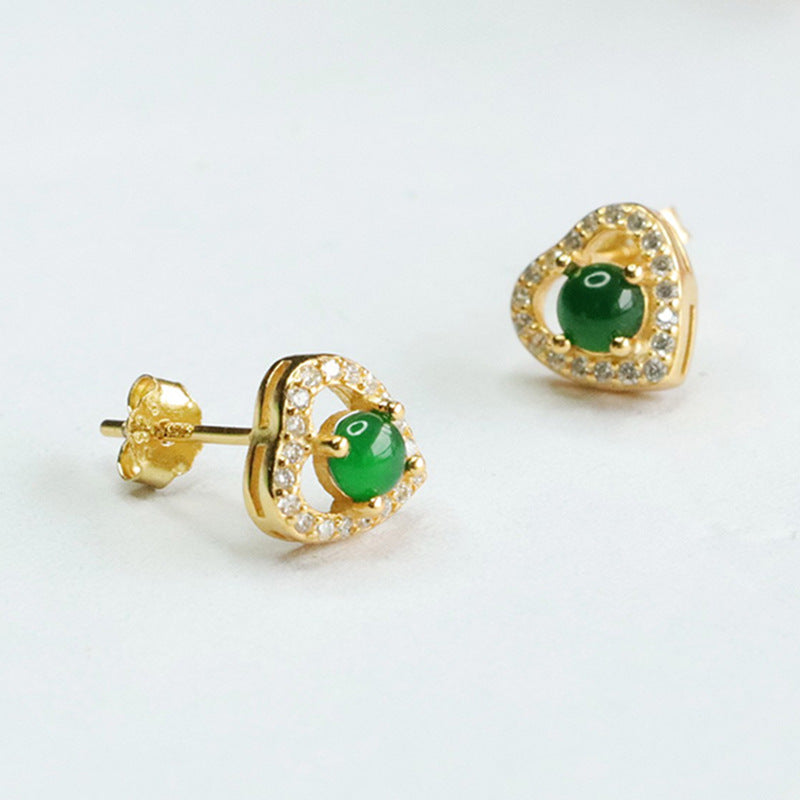 Icy Green Jadeite Heart 925 Silver Stud Earrings