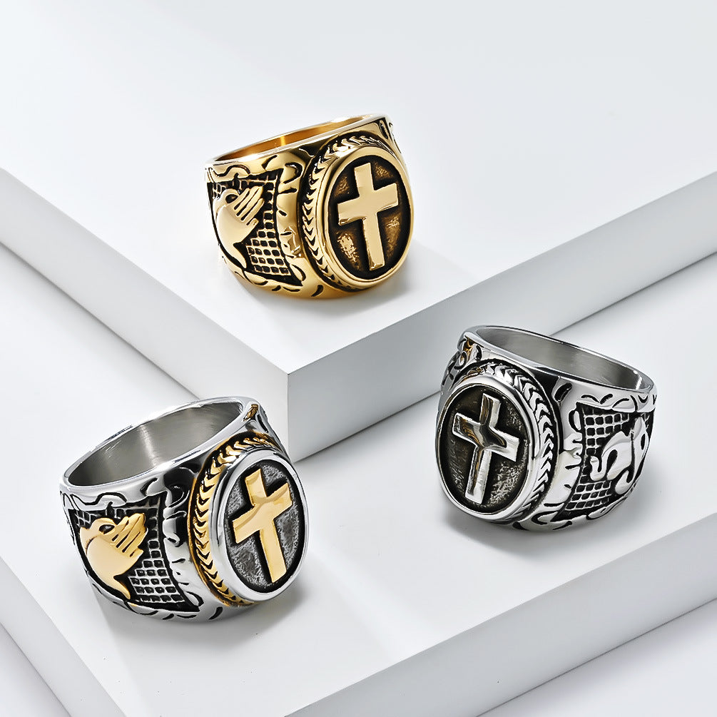 European And American Literary Retro Prayer Hand Cross Titanium Steel Ring Men's Hip-Hop Jewelry