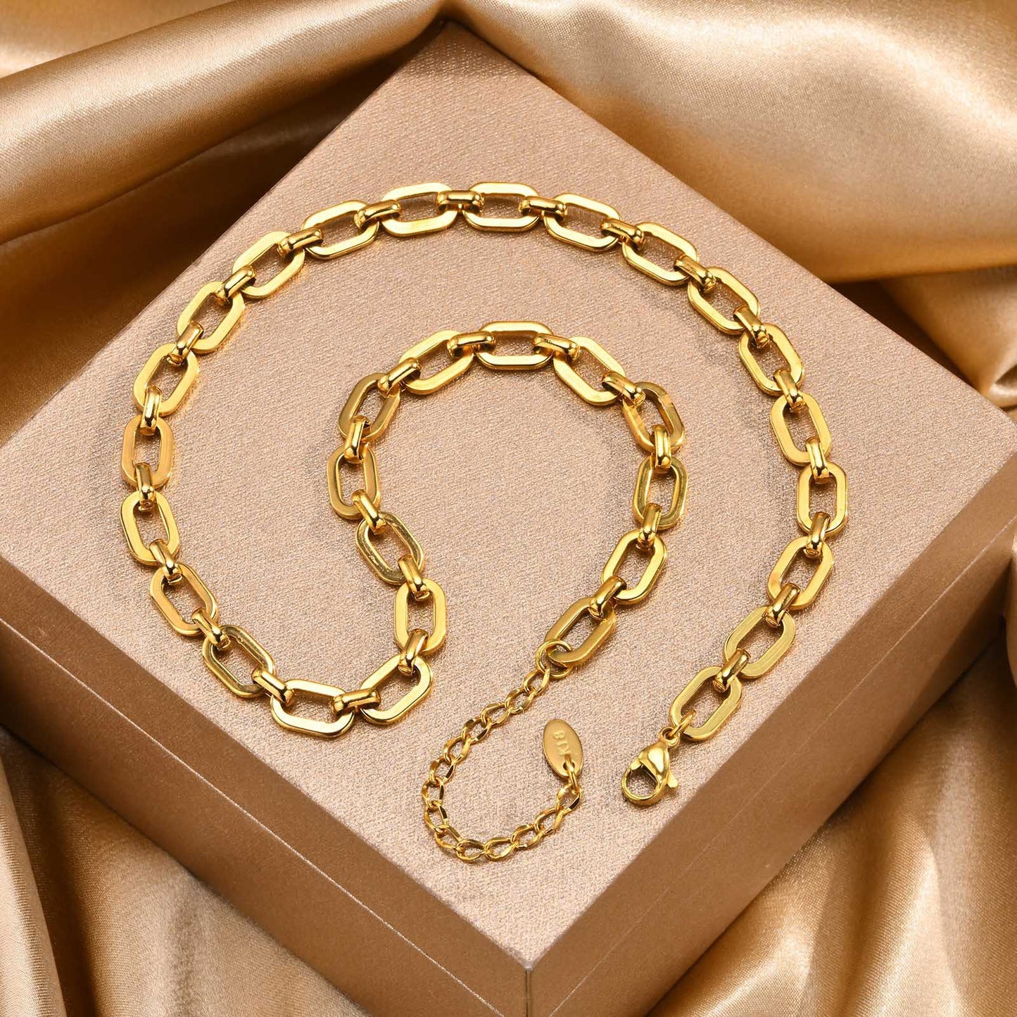 Stainless Steel Flat Cross Chain 18K Gold Bracelet Necklace Set