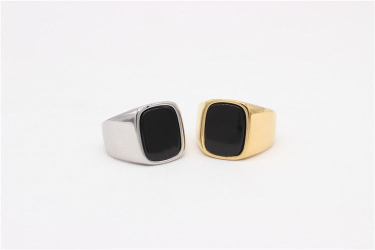Planderful Everyday Genie Titanium Steel Ring for Men and Unisex Black Stone Rectangular Modern Protection