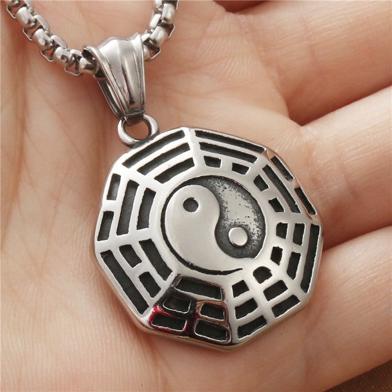 Punk-Inspired Titanium Steel Yin Yang Bagua Pendant Necklace for Men - Retro Tai Chi Design