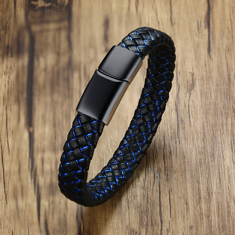 Stainless Steel Leather Bracelet Men's Microfiber Leather Bracelet Blue and Black