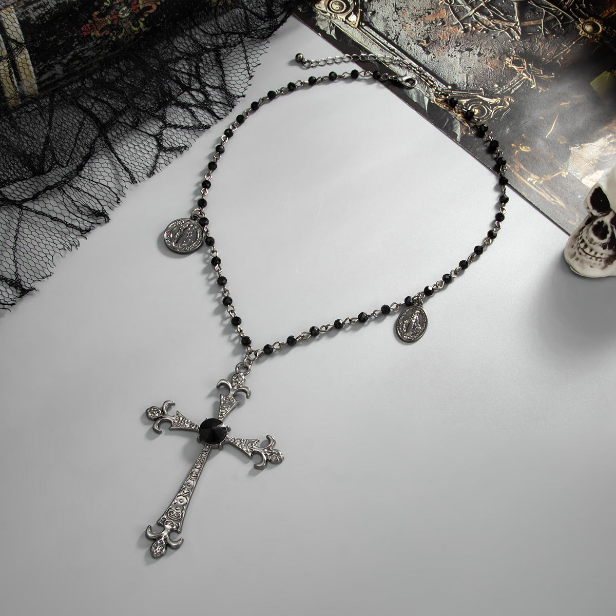 Y2K Gothic Cross & Crystal-Style Necklace