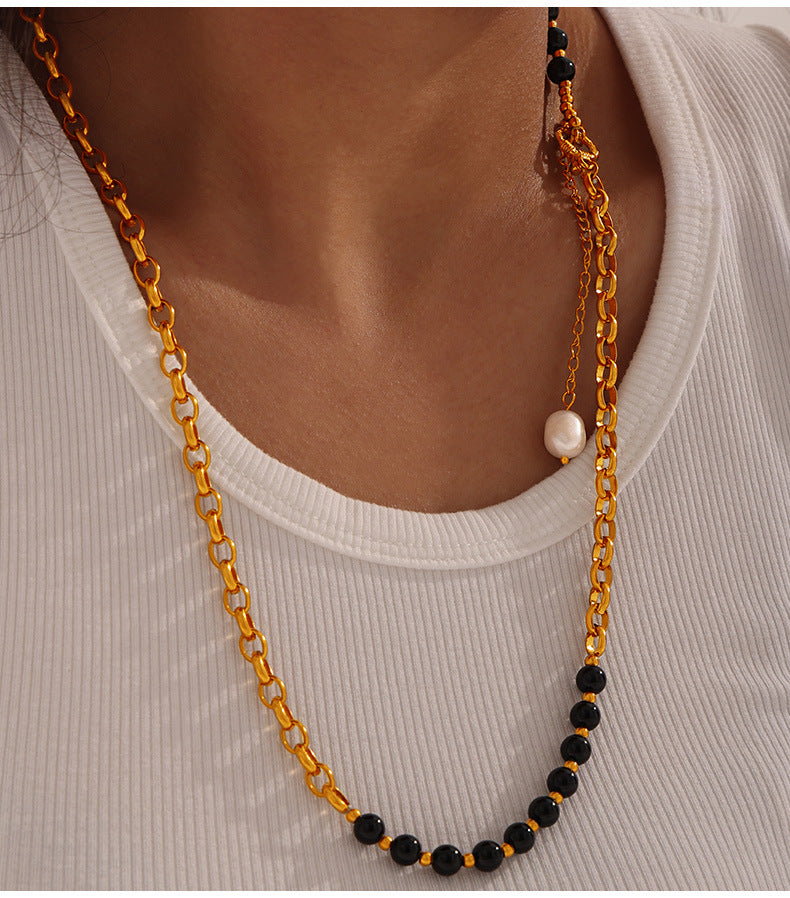 Luxurious Handmade Tiger's Eye and Pearl Beaded Necklace with Palace Style Titanium Steel Gold-Plating