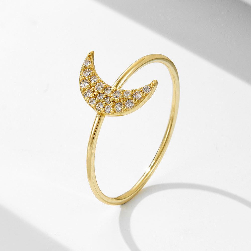 S925 Sterling Silver Micro-Inlaid Zircon Moon Ring Index Finger Ring