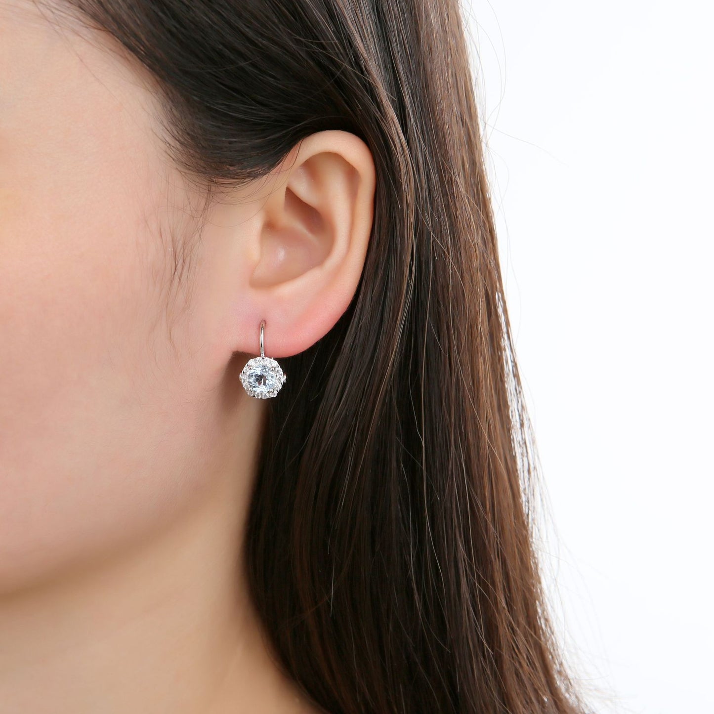 Soleste Halo Round Natural Gemstone Silver Hook Earrings