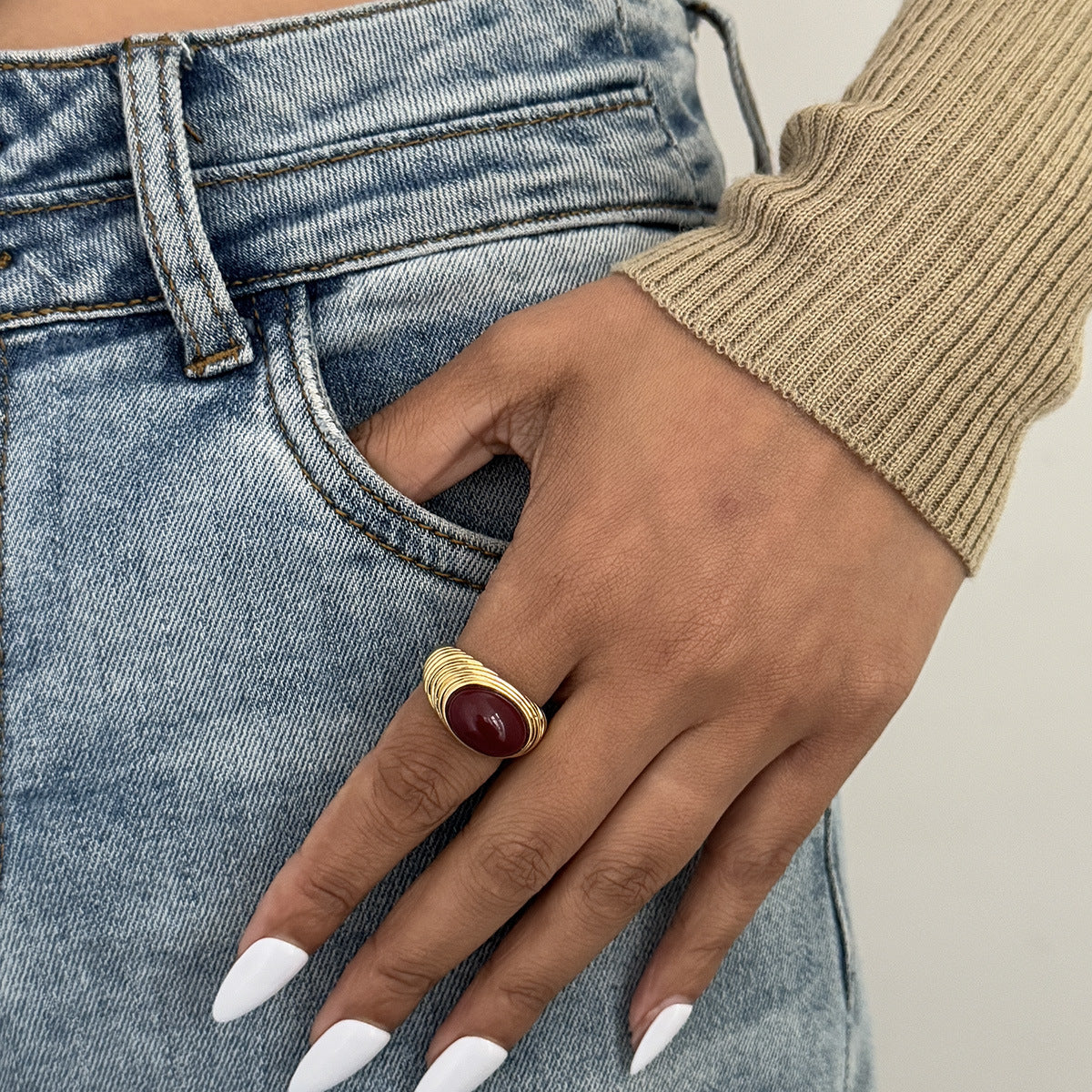 Planderful Vienna Verve Retro European Red Stone Open Ring For Women Geometric Oval Statement