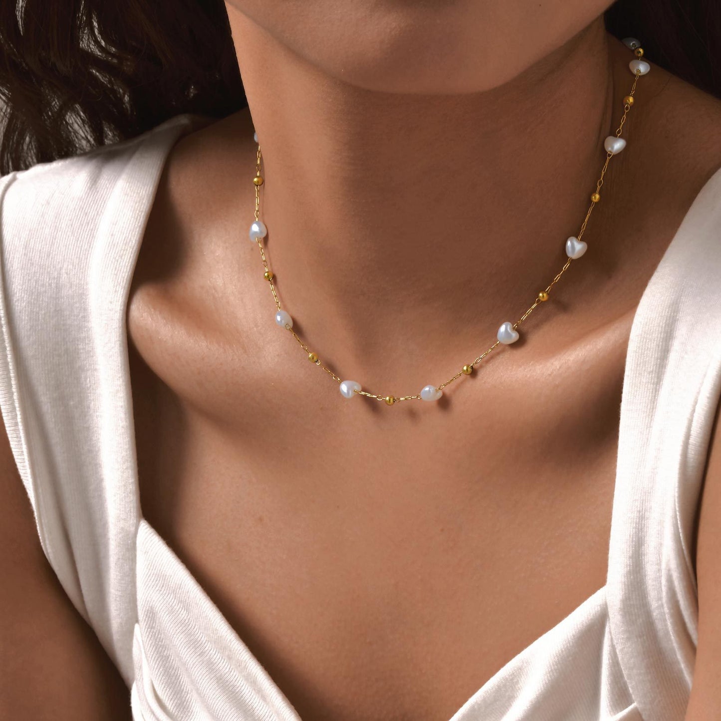 Stainless Steel Round Bead Heart Imitation Pearl Necklace Bracelet Gold Ladies Elegant