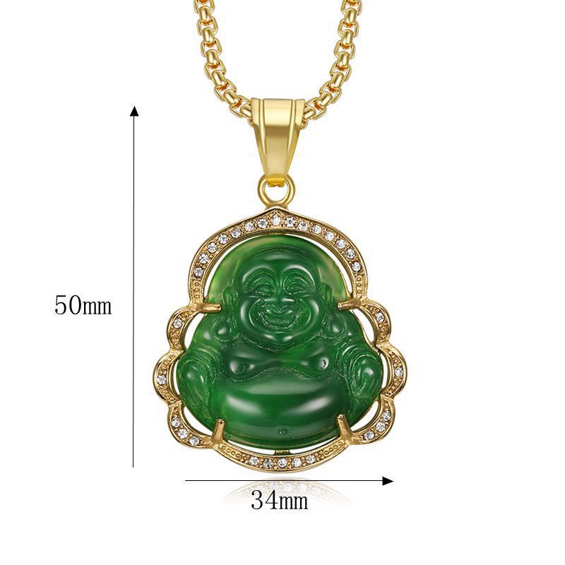 Planderful Maitreya Buddha Pendant Necklace Unisex Gold Plated Titanium Steel Zircon Malay Chalcedony Resin Glazed