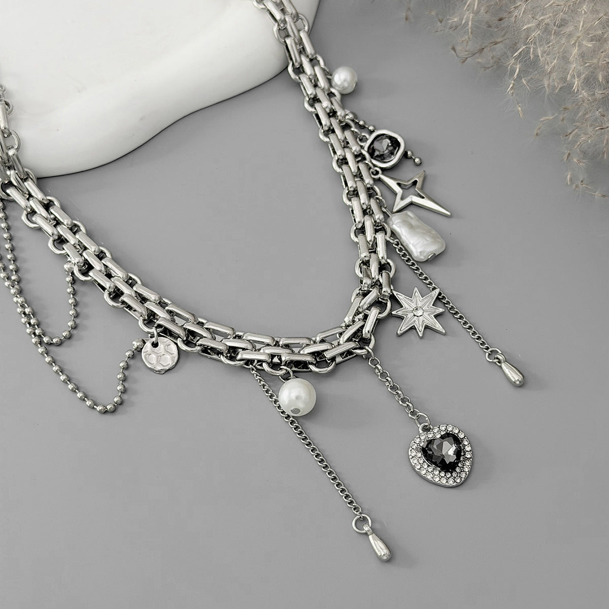 Y2K Heart, Star & Pearl Layered Choker