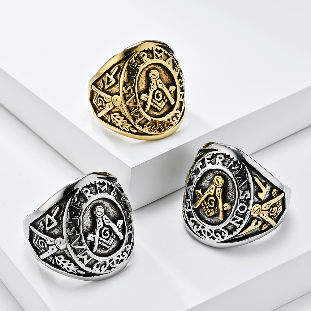 Planderful Freemasonry Ring For Men Titanium Steel Durable Vintage Logo Fraternity Jewelry