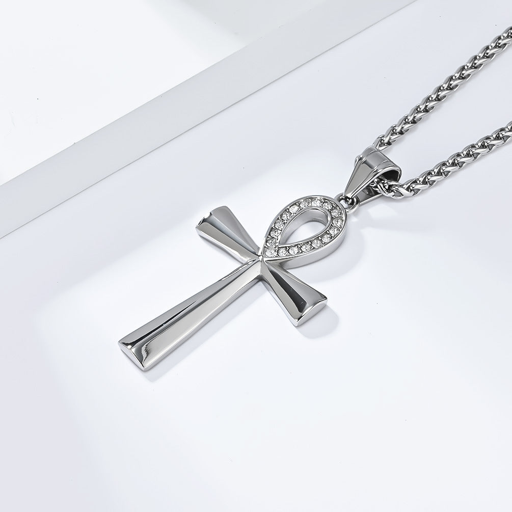 Planderful Ankh Zircon Cross Necklace For Men Titanium Steel Pendant With Inlaid Zircon Stones