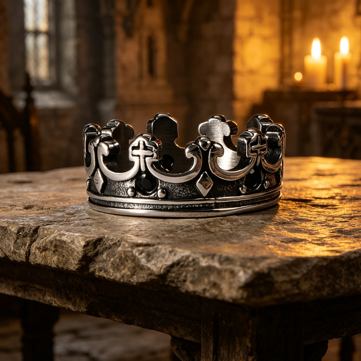 Titanium Steel Crown Men's Ring – Antique Red Zircon Men's Ring – Punk Knight Ring.