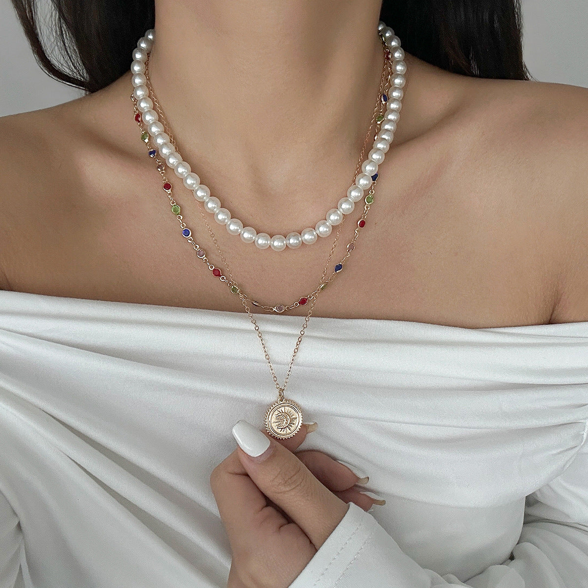 Pearl & Crystal-Style Moon Layered Necklace