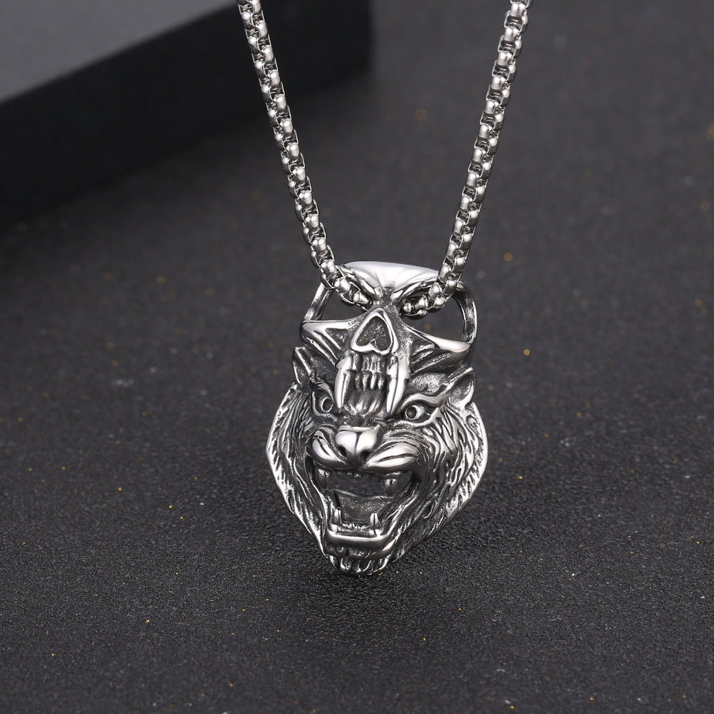 Titanium Steel Wolf Skull God Pendant Necklace, Retro Rock Men's Jewelry
