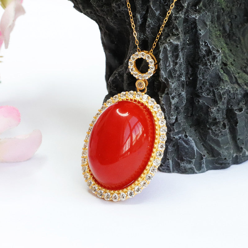Pendant Jewelry with Natural Red Agate and Zircon Halo on Sterling Silver Necklace