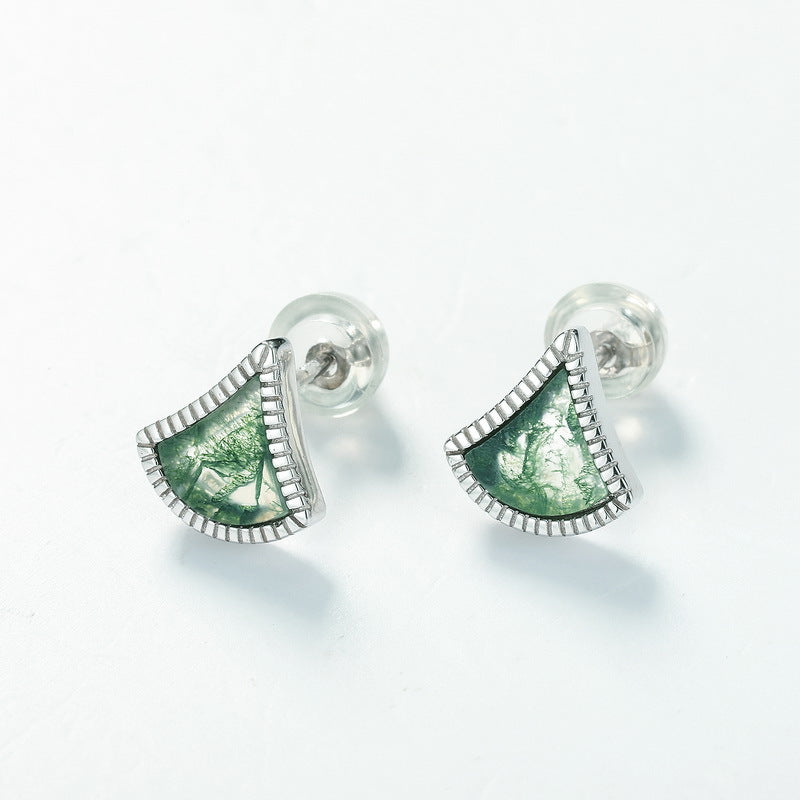 S925 Sterling Silver Moss Agate Ginkgo Leaf Stud Earrings