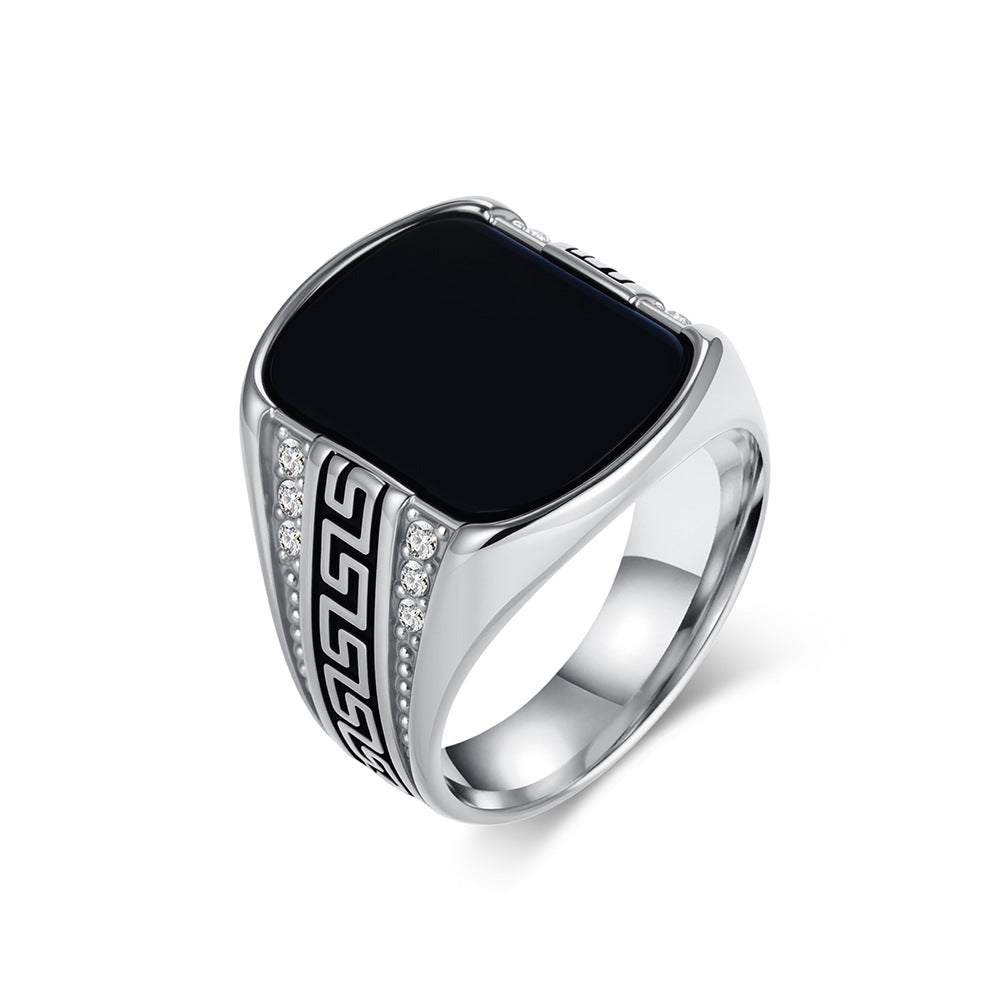 Planderful Titanium Steel Ring For Men Autumn Retro Great Wall Pattern Inlaid Black Stone