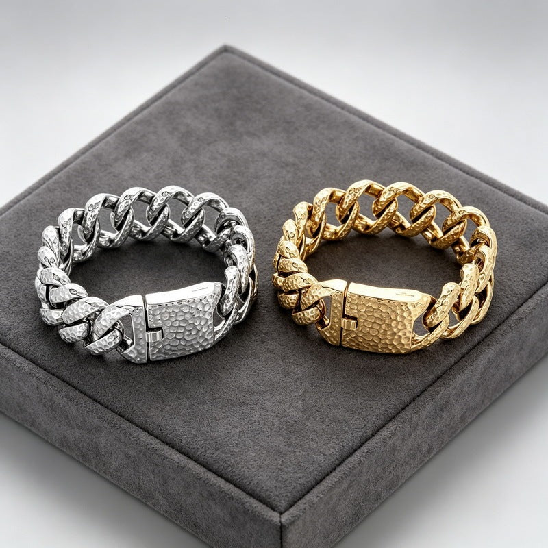 20mm Wide Hammer Pattern Cuban Chain Heavy Industry Street Texture Stainless Steel Men's Bracelet
