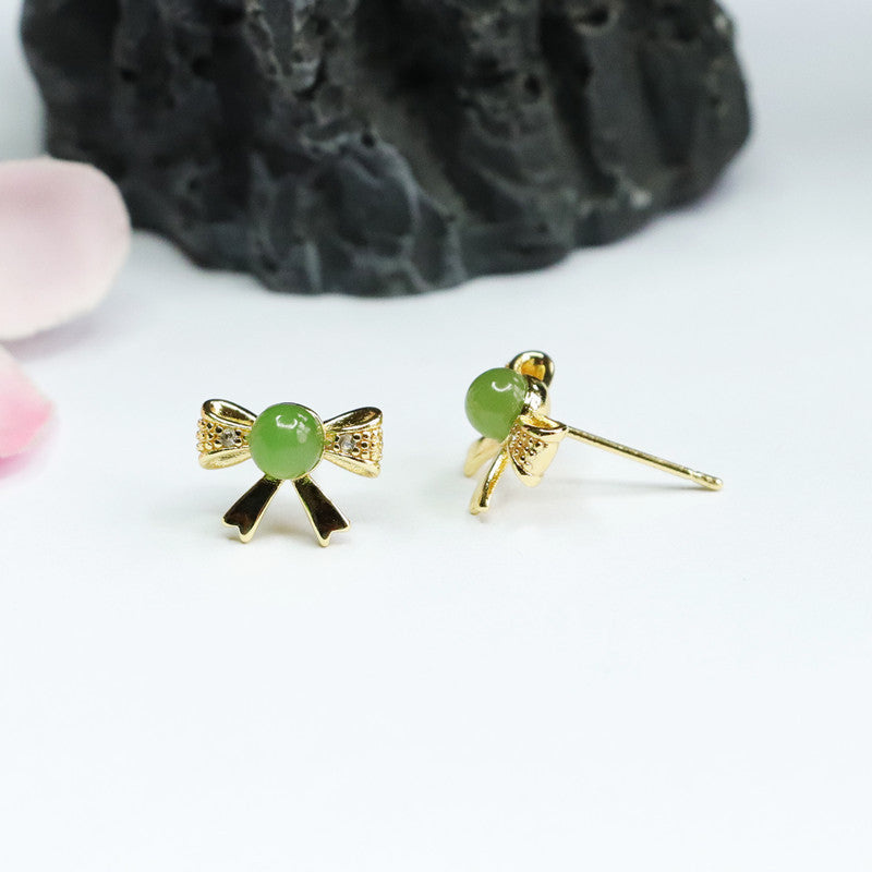 Round Jade Golden Bowknot Stud Earrings crafted from Natural Hotan Jade