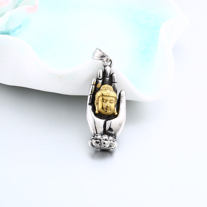 Personalized Retro Titanium Steel Pendant with Gold Buddha Head for Men - New Stainless Steel Jewelry