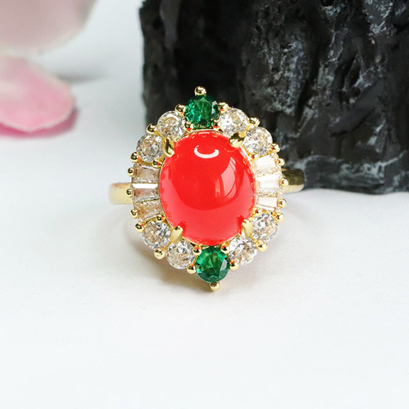 Emperor's Fortune Green Chalcedony Ring with Red Agate and Zircon Slots