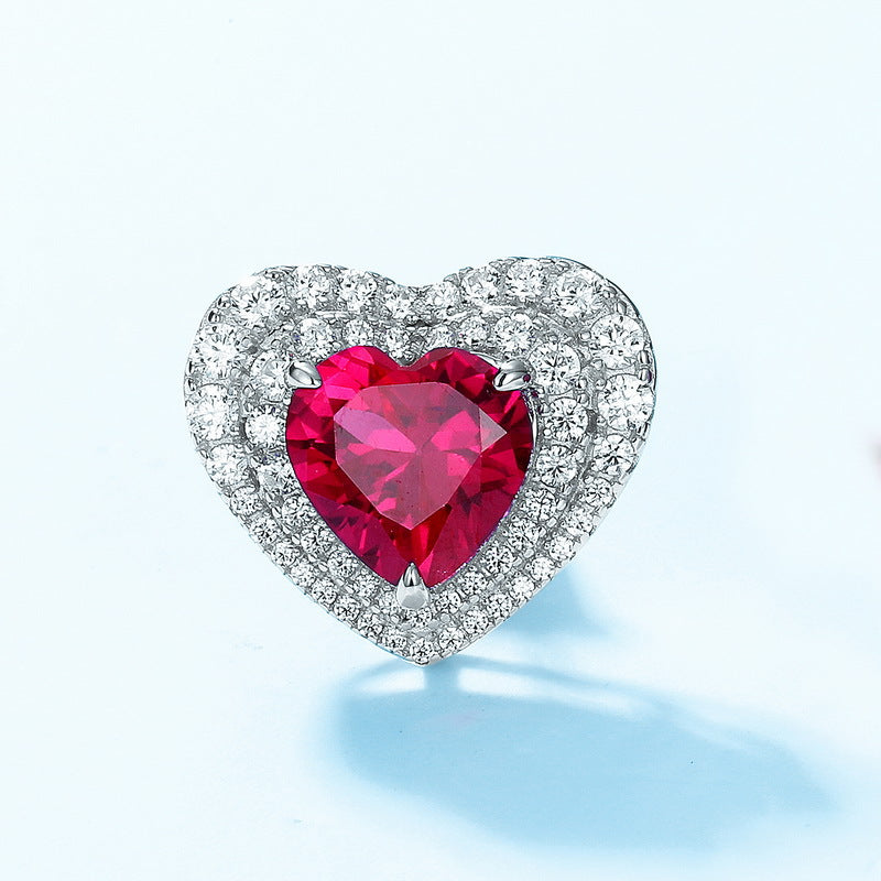 S925 Sterling Silver Lab-Grown Ruby & Zircon Heart Stud Earrings