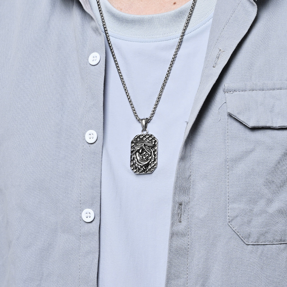 Planderful Stainless Steel Mens Necklace Bold Retro Square Pendant Durable Gift For Him