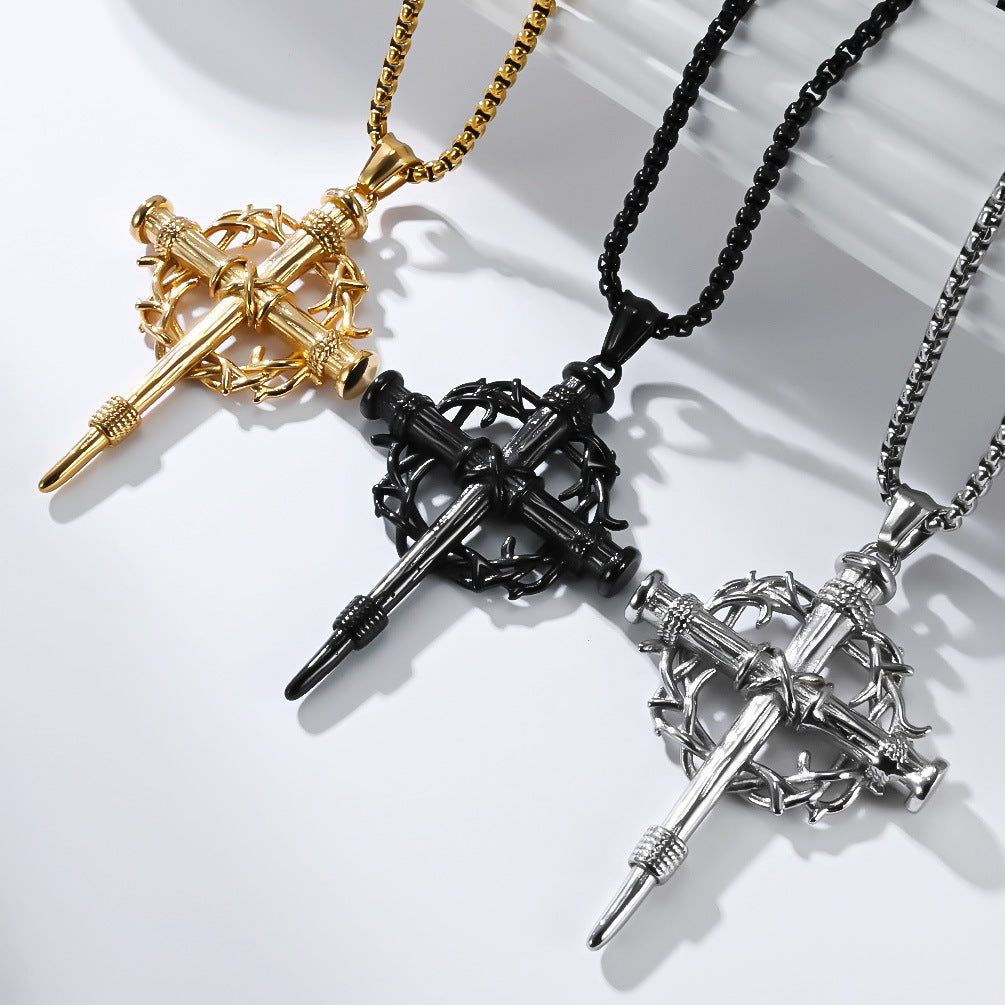 Steel Necklace – Statement Cross Pendant With Thorn Wreath Design For Hipster Street Style