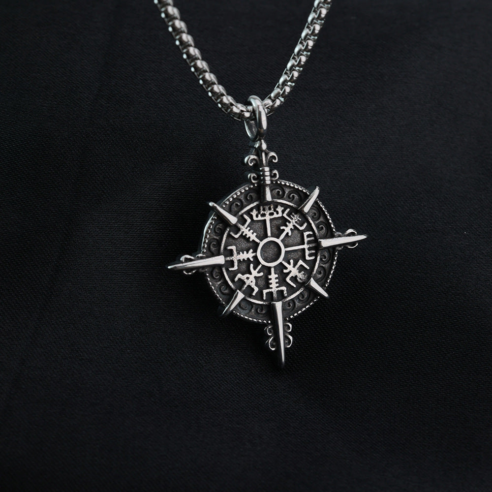 Vintage Nordic Men's Stainless Steel Viking Compass Pendant