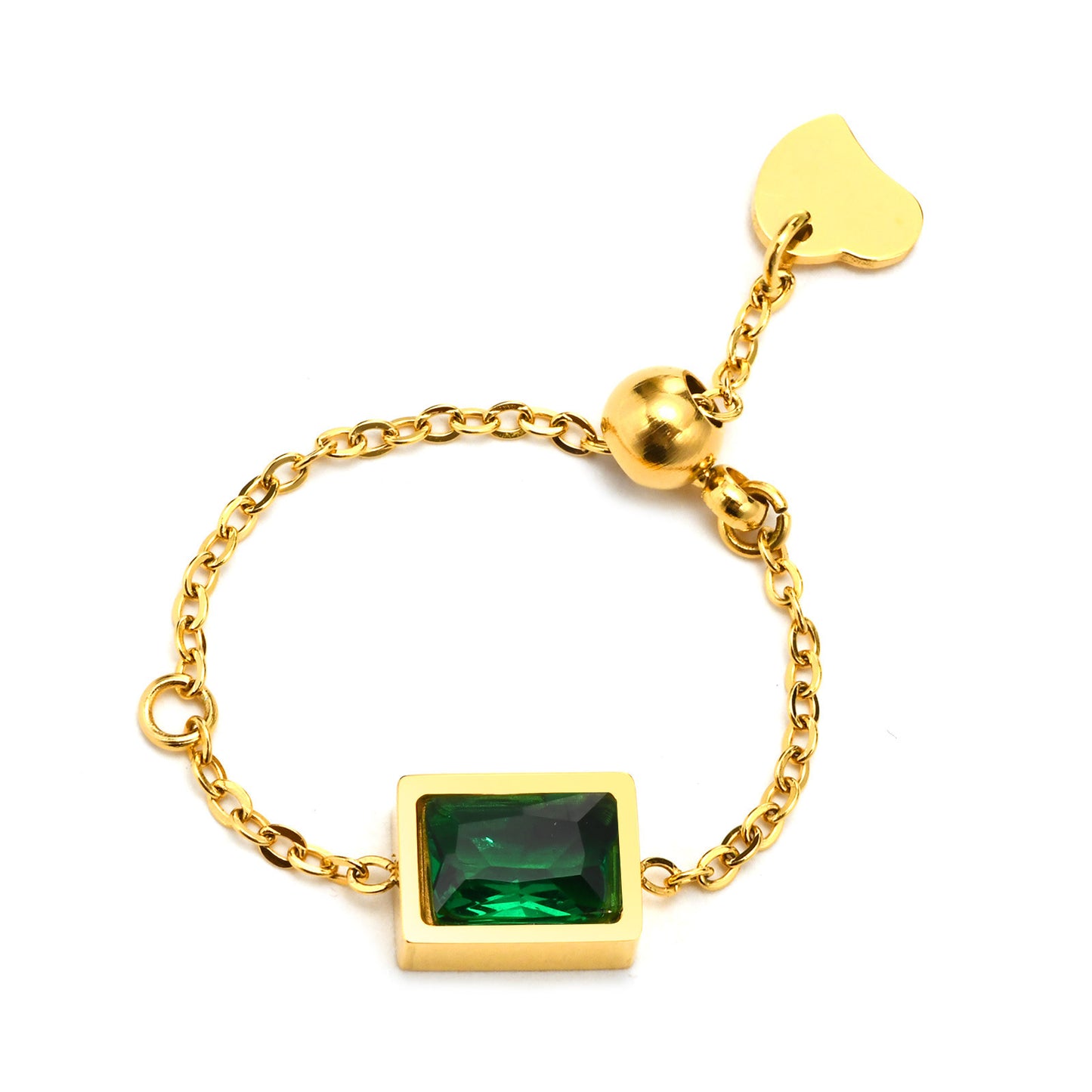 Titanium Steel Chain Ring Green Zircon Adjustable Black Ring