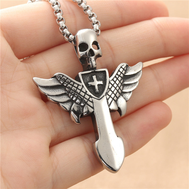 Planderful Durable Titanium Skull Pendant Necklace For Men Unisex Punk Wing Cross Protector