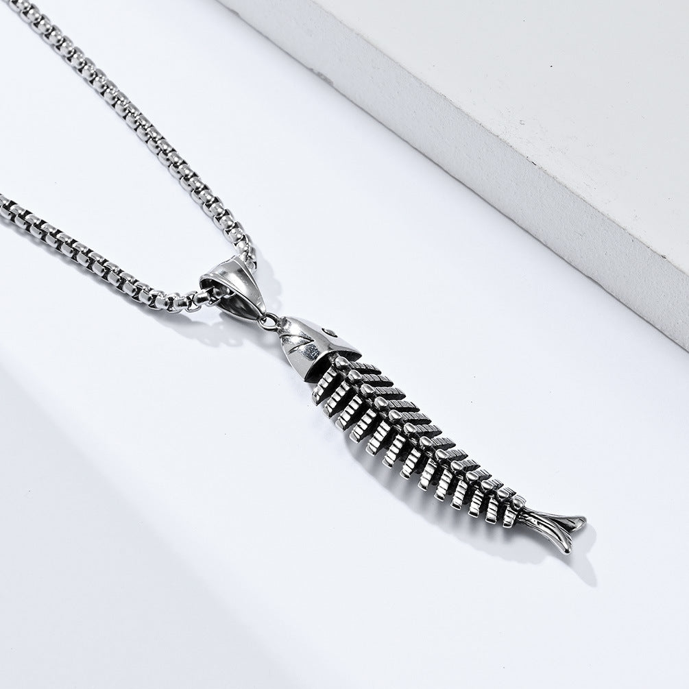 Planderful Fish Bone Necklace Unisex Titanium Steel Pendant Versatile Street Style Hipster Jewelry