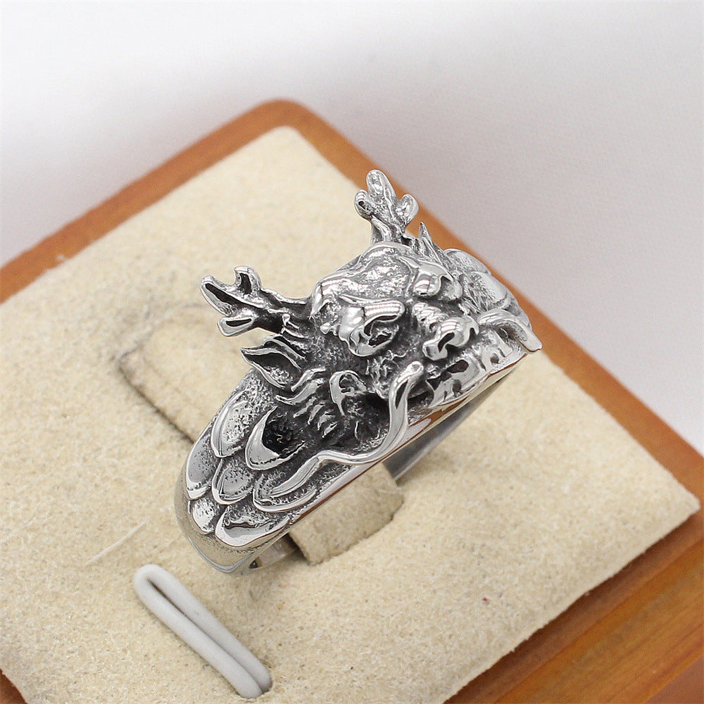 Planderful Dragon Head Titanium Ring For Men And Women Unisex Retro Chinese Style Statement Jewelry