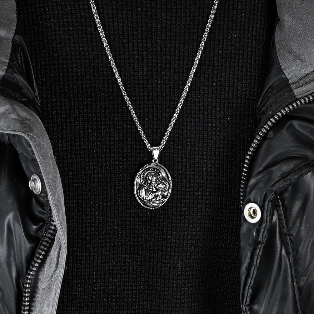 Virgin Mary Titanium Steel Necklace Round Tag Pendant for Men