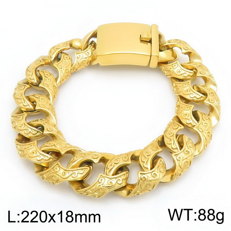 Punk National Style Men's Bracelet Double-Sided Tang Grass Pattern Thick Cuban Chain