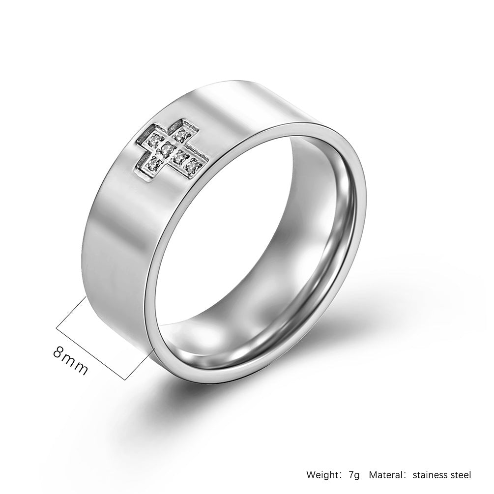 Planderful Everyday Genie Mens Korean Style Zircon Cross Ring Glossy Simple Personality Trendy Accessory