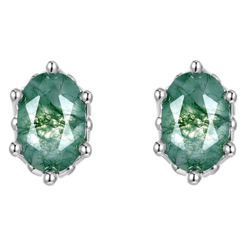 S925 Sterling Silver Moss Agate Oval Stud Earrings