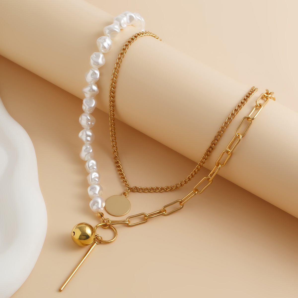 Geometric Pearl-Style Layered Pendant Necklace