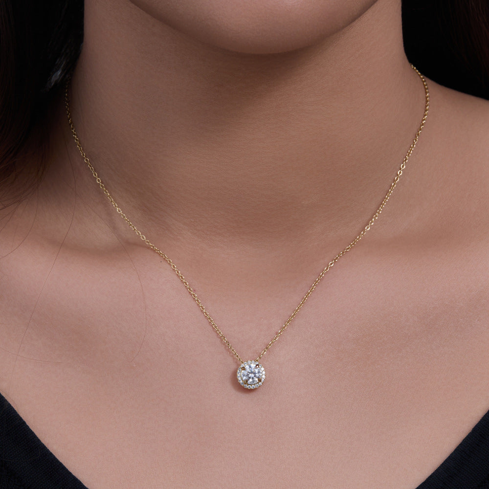 S925 Sterling Silver Inlaid Zircon Round Necklace Sense Girls